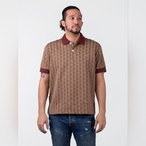 Lacoste Brown Patterned Polo Shirt with Burgundy Trim